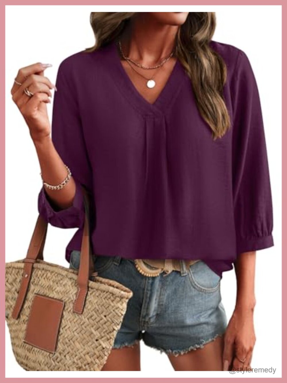 Womens 3/4 Sleeve V Neck Boho Peasant Blouse Tunic Dressy Casual Top